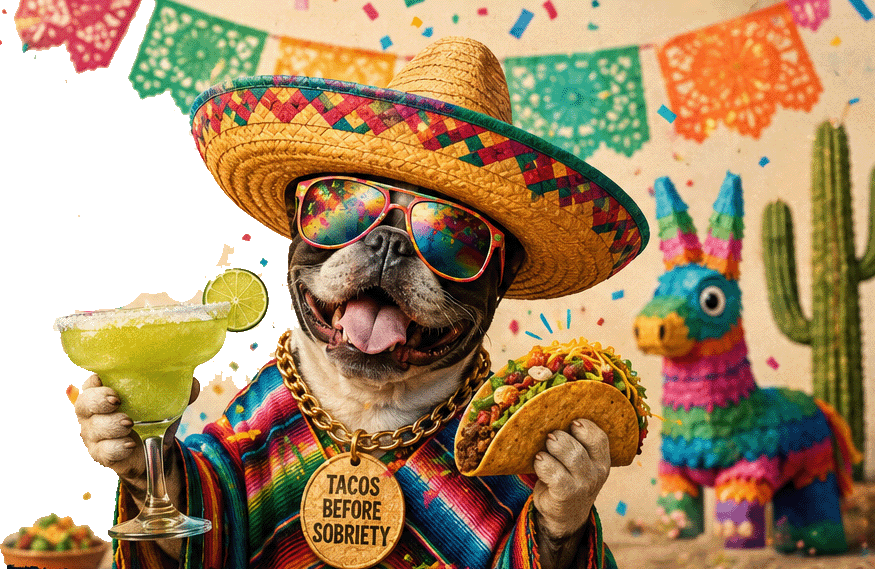 Festive pup with margarita and taco